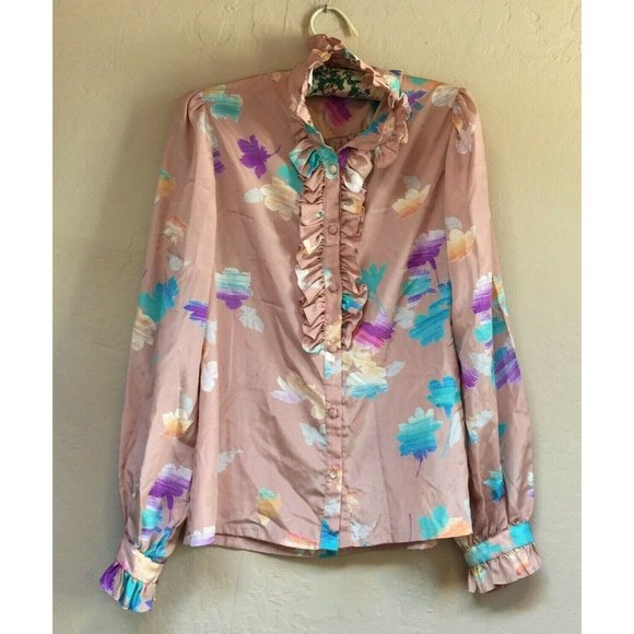 Vintage Helen Fabrikant Top Womens Button Front Floral Ruffle Shirt Size 8 Peach - Picture 1 of 10